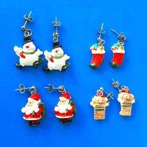 Bundle 4 Pair Christmas Earrings, Dangle Drop, Pierced, Santa, Snowman, Stocking